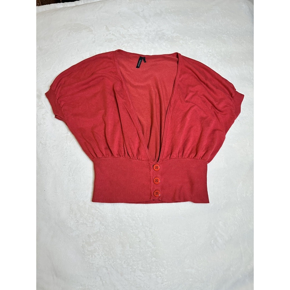 Topshop Sz 10 Medium Cardigan Button V-Neck Knit Balloon Sleeve Red Short Sleeve